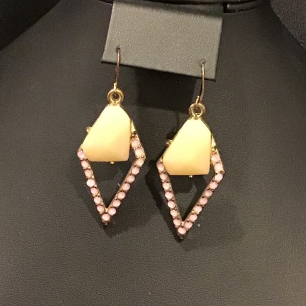 A stunning pair of geometric drop earrings featuring a diamond frame with delicate pink accents and a creamy statement centerpiece—perfect for day or night elegance.