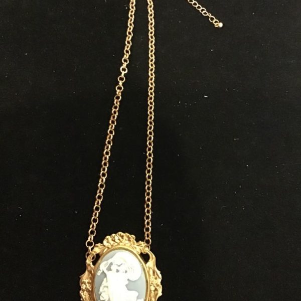 Exude vintage charm with this Victorian Elegance Cameo Necklace, featuring a delicately framed white silhouette on a soft blue background. A timeless piece perfect for adding sophistication to any outfit!